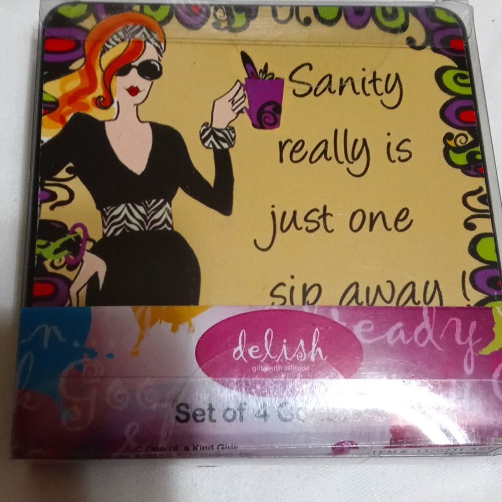 NIB Delish 4 Coasters Humorous Wine Slogan